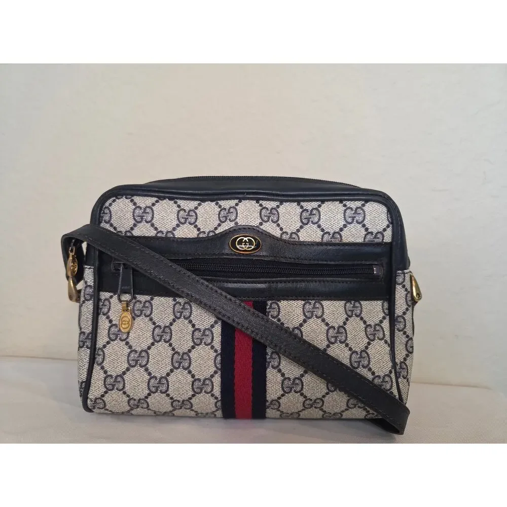 Gucci Vintage GG Supreme Crossbody Bag Navy Web Stripe Ophidia Bag Italy - Picture 1 of 15